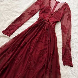 Brownish Maroon Embroidery v Neck Gown