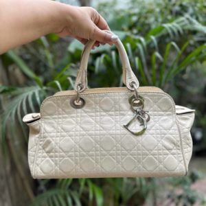 Auth Dior Cream Leather Cannage Top Handle Bag