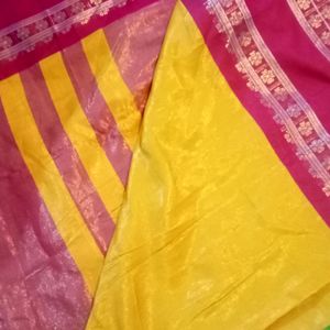 Mango Yellow And Pink Border Saree With Blouse