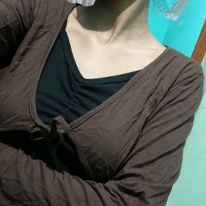 Brown Crop Tie Up Shrug, Xs Size