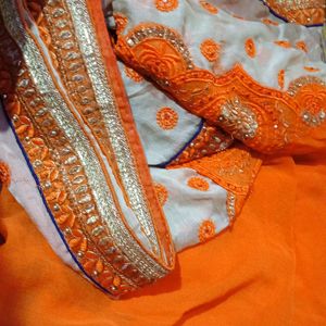 Orange Golden Heavy Work Saree