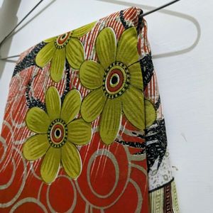 Orange And Green Flower Printed Saree