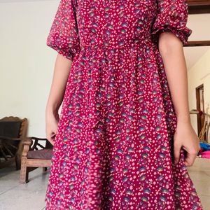 Square Neck  Floral Dress  With Balloon Sleeves