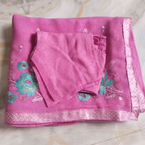 Pink Embroidered Saree With Stitched Blouse ✨