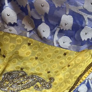 Net Yellow Nd Blue Combination Saree🎉