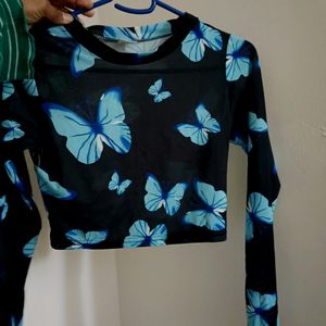 Butterfly Print Long Sleeve Mesh Crop Top