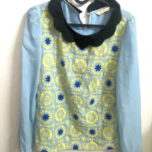 Korean collar Blue Top With Yellow Embroidery