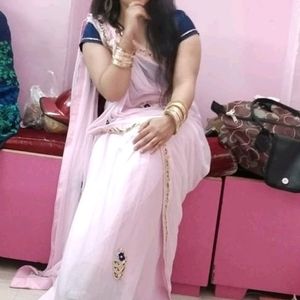 Light Pink Saree With Contrast Blue Blouse M Size