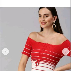 SHOWOFF Bodycon Dress with Off-Shoulders Red White