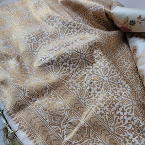 Cream Banarsi Silk Saree For Party Wear