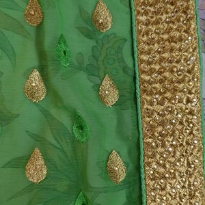 Green, Golden And Cream Saree