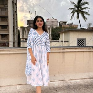 Blue & White Printed Kurta + Dupatta Set