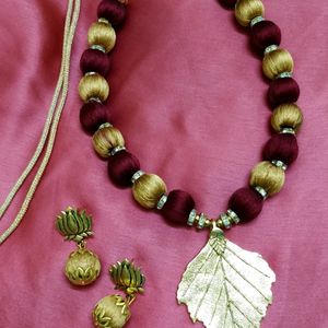 Handmade Silk Thread Leaf Design Jewellery With Earrings