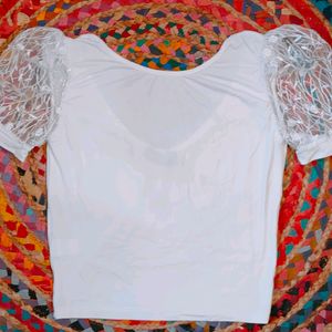 White Crop Top With Emproid Sleeves