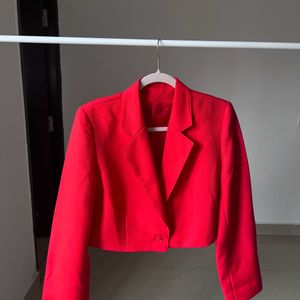 Mandarin Collar Long Sleeve Red Crop Blazer