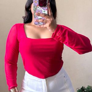 Pink Square Neck Mesh Top