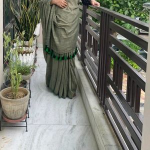 Olive Green Mulmul Cotton Saree With Tassels