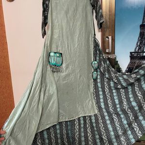 Pista Green And Grey Floor Length Kurti