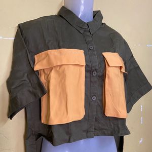 Olive High Low Shirt With Big Pockets