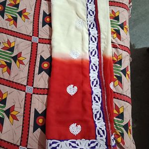 A Saree Half In Off White And rest Red