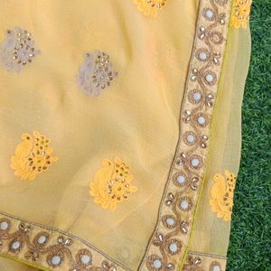 Beautiful Yellow Embroidered Saree Pure Chiffon