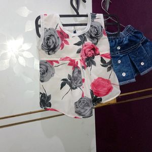 White Floral Top With Denim Skirt