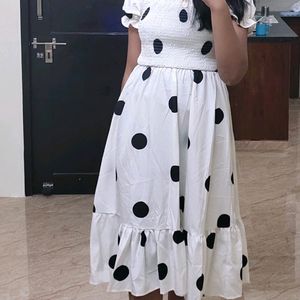 White Knee Length Dress With Black Polka Dots