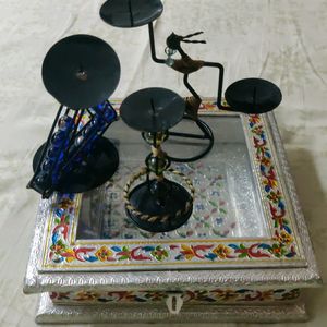 Wooden Meenakari Box & Set Of 3 Candle Stand