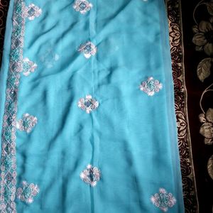 Georgette cyan clr saree 🥻  with blouse