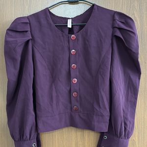 Purple Balloon Sleeves Casual Crop Top