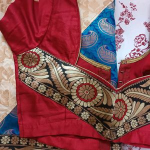 Beige And Blue Designer Saree With Blouse