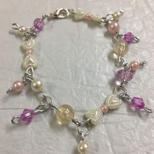 Purple Crystal,Pearl Heart And Pink Bead Bracelet