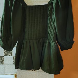 Olive Green Puff Sleeves Top