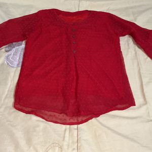 Solid Red Top With 3qrtr Bell Sleeves "With" Bu