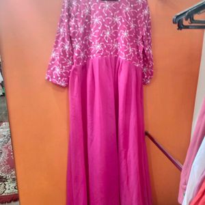 Long Gown Pink Colour White Thread Work
