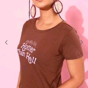 Women Typography Printed Pure Brown Tshirt