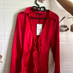 ZARA Red Satin Shirt With Bow detailing (WITH TAGS