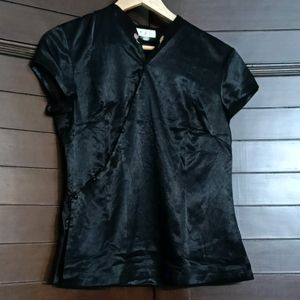 Women Black Satin Chinese Style Side Button Top