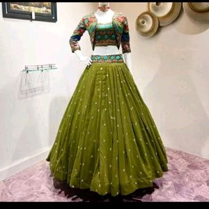 Mehndi Colour Crop Top Skirt With Jacket