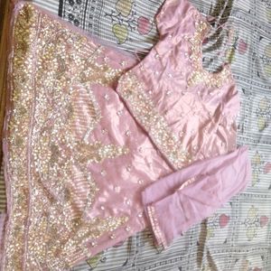 LightPink Grand Beads Work Net Lehenga Set