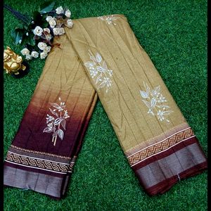 New Cotton Silk Saree With Attached Blouse Brown