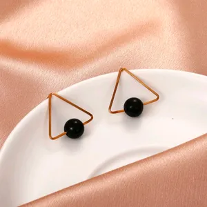 Golden Triangle Shaped Earrings With Black Bead