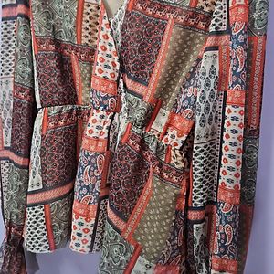 Brown And Orange Abstract Floral Printed Top