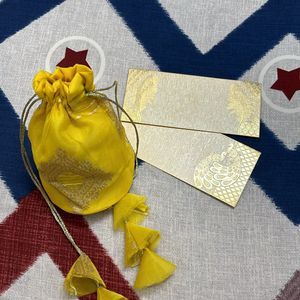 Hand Stitched Yellow Potli With Shagun Lifafa