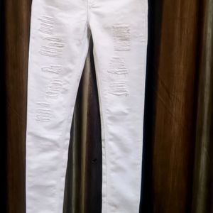 Women's Stylish High Waisted Damage Jeans (White)