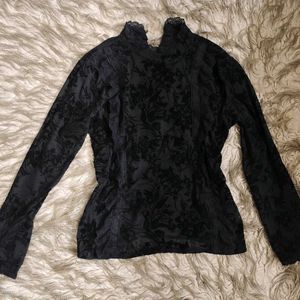 Unisex BlackSheer Velvet Detail Ruffle Vintage Top