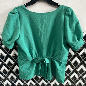 Puff Sleeve Solid Grren Top Women’s