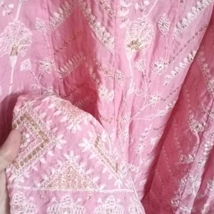 White-Gold Embroidery Pink Anakarkli Cotton Kurta