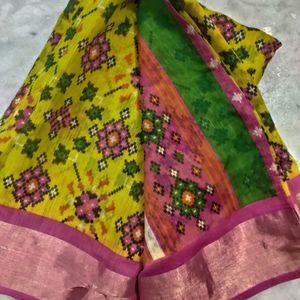 Yellow lenin Cotton Pochampalli Print Saree