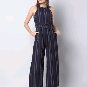 FabAlley Navy Blue Striped Belted Jumpsuit